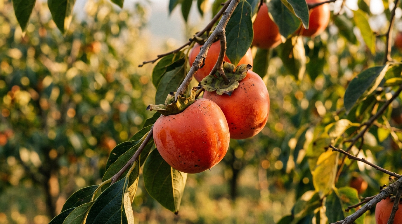 Ripe orange persimmons growing on a sunlit branch